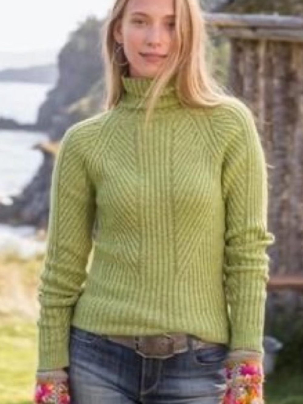 Sundance Green Ribbed Knit Turtleneck Cotton, Silk Blend Sweater, Size XS